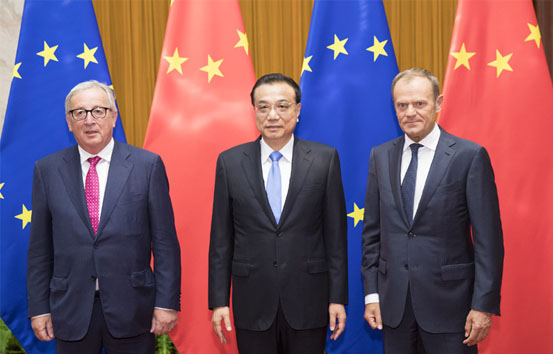 李克强与欧洲理事会主席图斯克、欧盟委员会主席容克共同主持第二十次中国欧盟领导人会晤